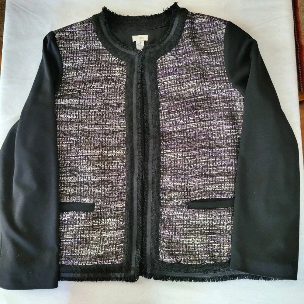 Chico's Size 3 (US 16) Metallic Tweed Open Front Blazer – Black Purple Jacket